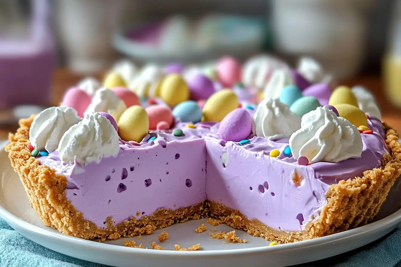 Creamy Easter Jell-O Pie with a graham cracker crust, topped with jello eggs and whipped cream.
