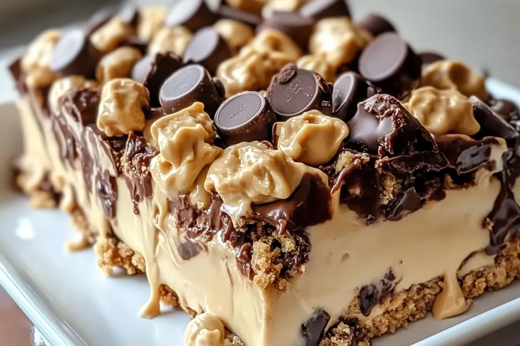 Gooey peanut butter cup dump cake fresh out of the oven