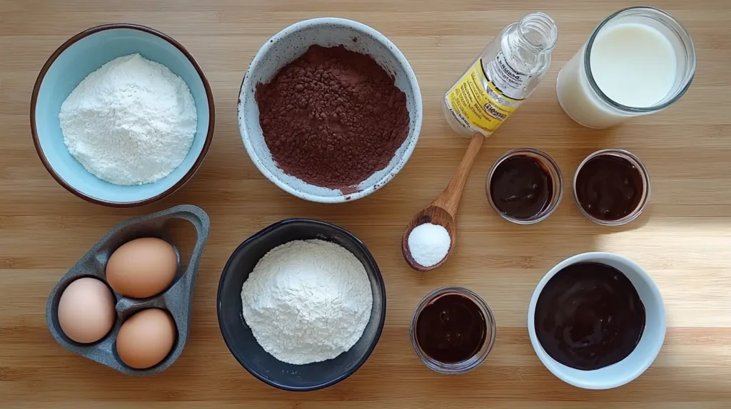 Chocolate Glazed Donut: The Ultimate Homemade Treat 6 Ingredients for homemade chocolate glazed donuts, including flour, cocoa, and eggs.