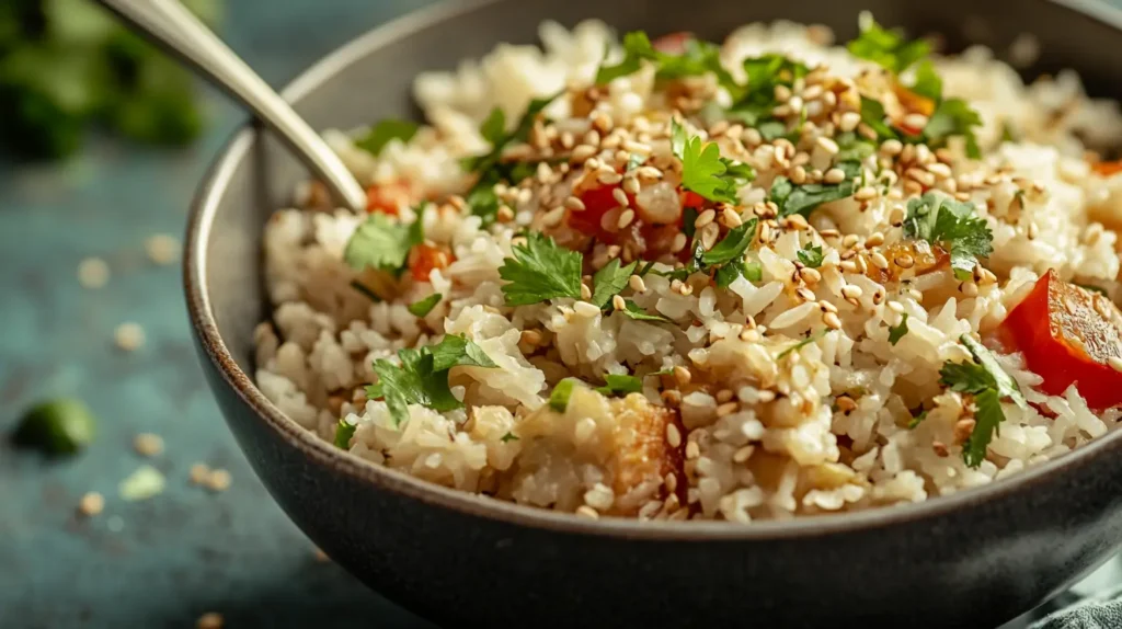 A vibrant rice cooker meal with grains, vegetables, and protein served in a bowl.