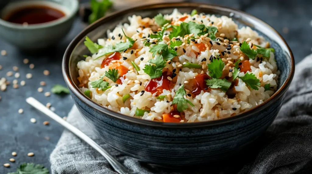 Rice Cooker Meals Recipe 4 A freshly served rice cooker meal with toppings, ready to eat.