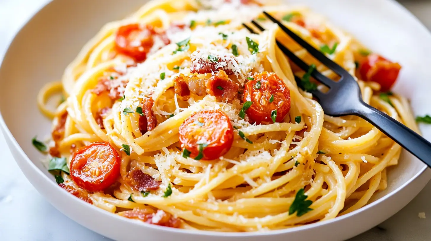 A bowl of creamy bacon pasta garnished with crispy bacon and Parmesan.