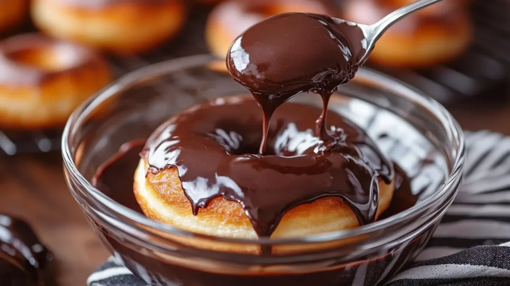 Chocolate Glazed Donut: The Ultimate Homemade Treat 7 freshly fried golden-brown donut being dipped into a rich, glossy chocolate glaze in a glass bowl, with more donuts cooling on a rack in the background.
