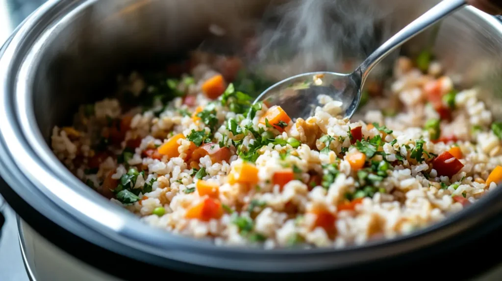 Rice Cooker Meals Recipe 3 A rice cooker filled with grains, protein, and vegetables before cooking.
