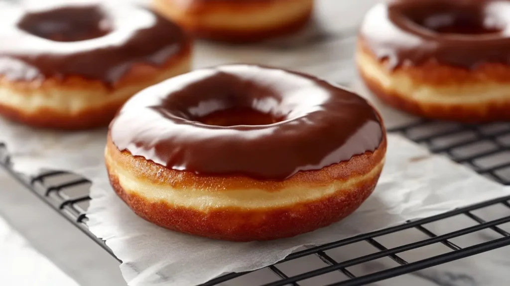 Freshly baked chocolate glazed donuts with a shiny, rich chocolate glaze.