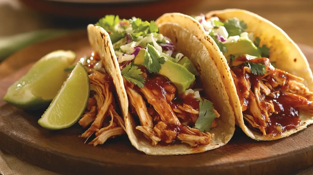 Garlic Butter Honey BBQ Chicken Tacos served with fresh toppings.