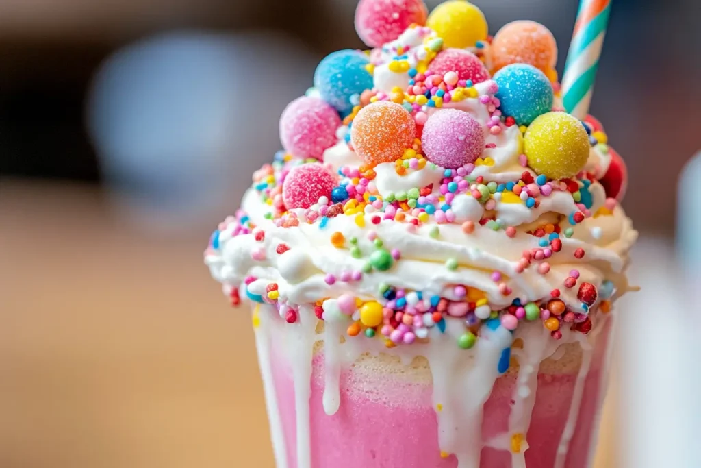 Bubblegum Bliss Mega Shake topped with whipped cream, sprinkles, and candy