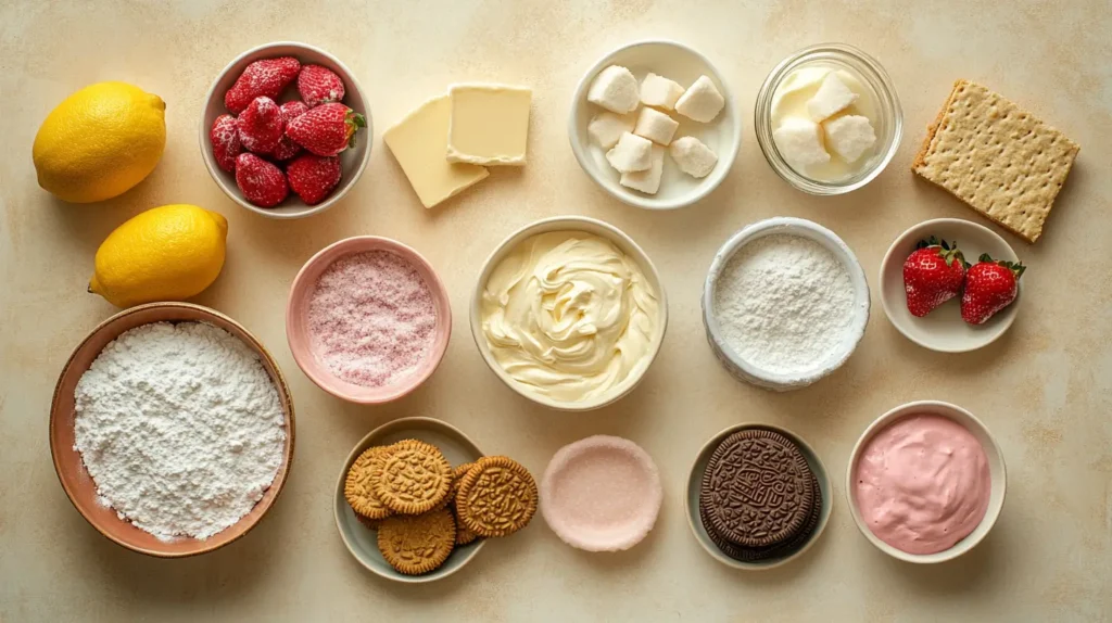 Delicious Strawberry Crunch Cheesecake Recipe 6 Strawberry crunch cheesecake ingredients arranged on a table, including cream cheese, Golden Oreos, graham crackers, and freeze-dried strawberries.
