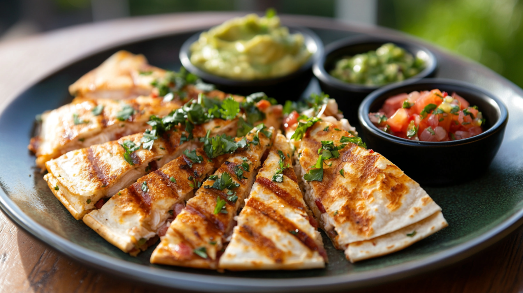 Plated Chicken Bacon Ranch Quesadilla with ranch dressing, guacamole, and salsa.