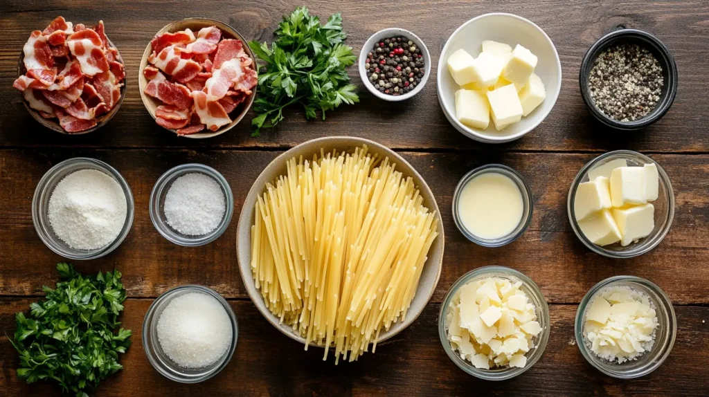 Bacon Pasta Recipe 6 Ingredients for bacon pasta displayed on a wooden surface.