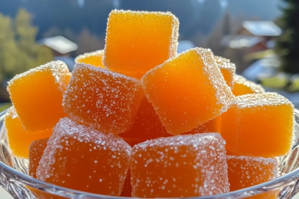 Sugar-coated classic homemade orange candy cubes in a glass bowl