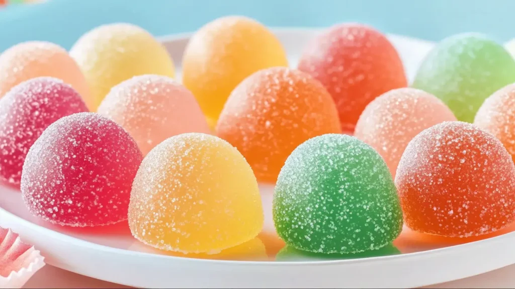 Colorful sugar-coated Boozy Jello Candy Melts on a white plate.