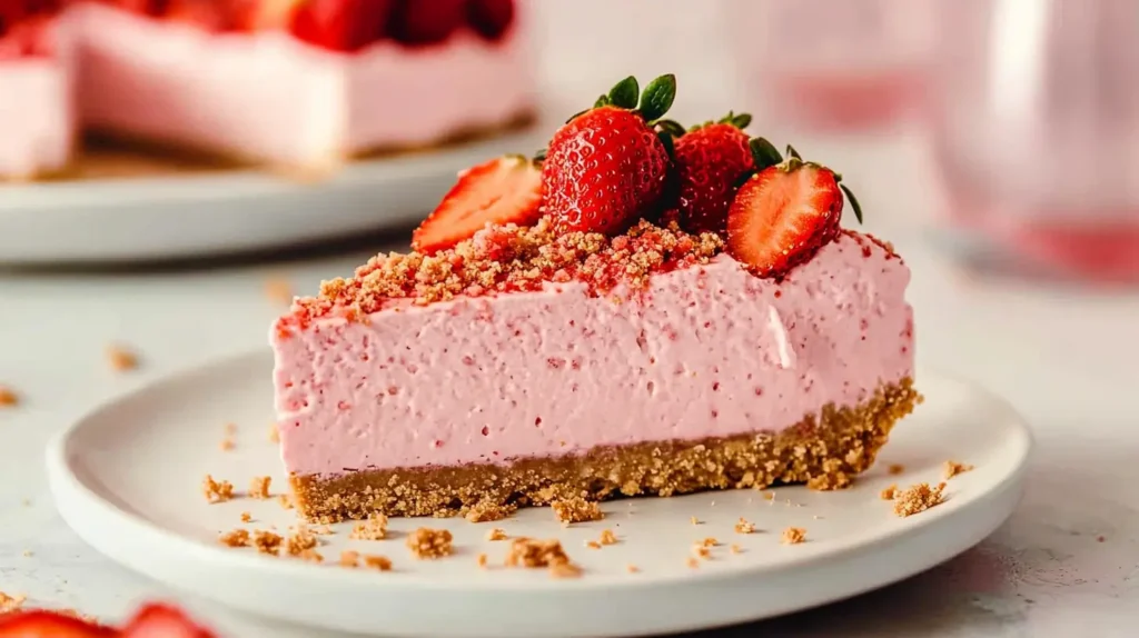 A slice of strawberry crunch cheesecake on a white plate, topped with fresh strawberries and crunchy strawberry crumble.