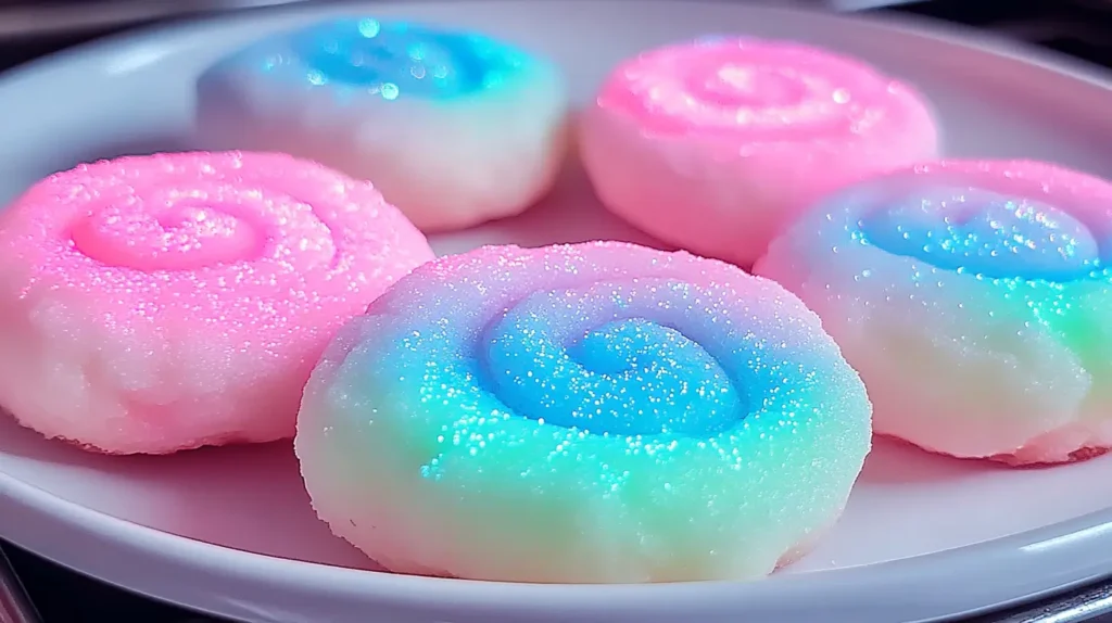 A plate of glow-in-the-dark cotton candy cookies glowing under blacklight.