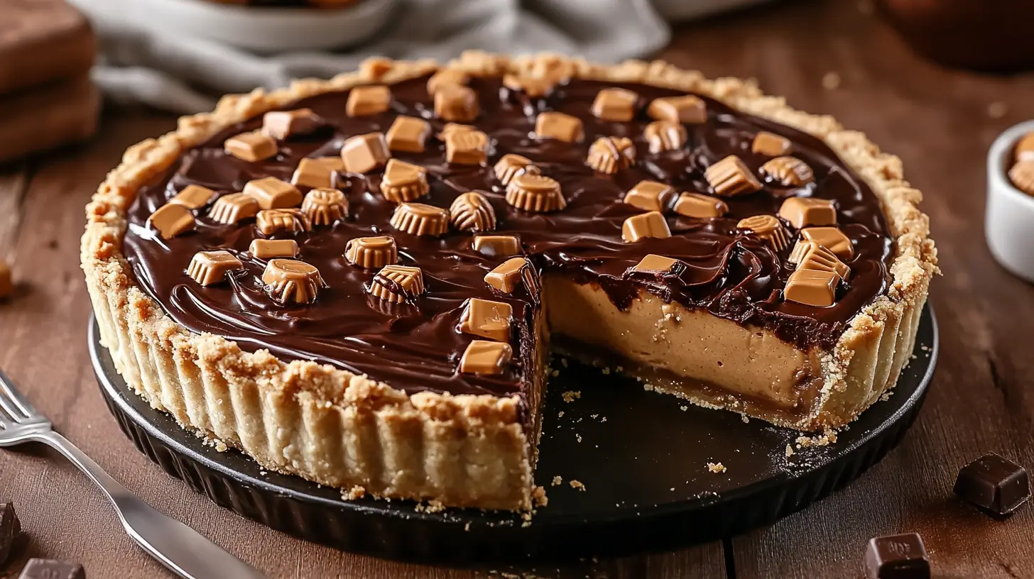 Giant Reese’s Peanut Butter Pie with a chocolate topping and peanut butter filling.