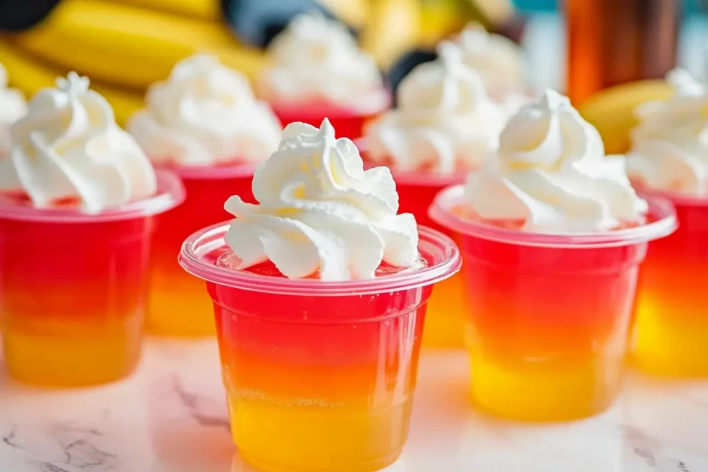 Bahama Mama Jello Shots in plastic cups with fruit garnish