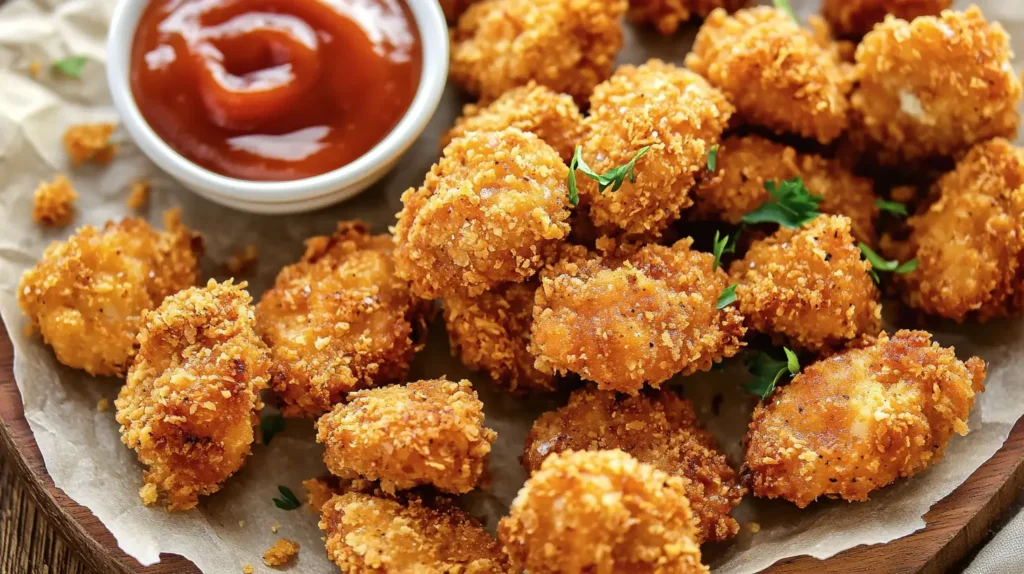 Crispy barbecue chicken nuggets served with barbecue sauce.