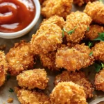 Barbecue Chicken Nuggets Recipe 9 Crispy barbecue chicken nuggets served with barbecue sauce.
