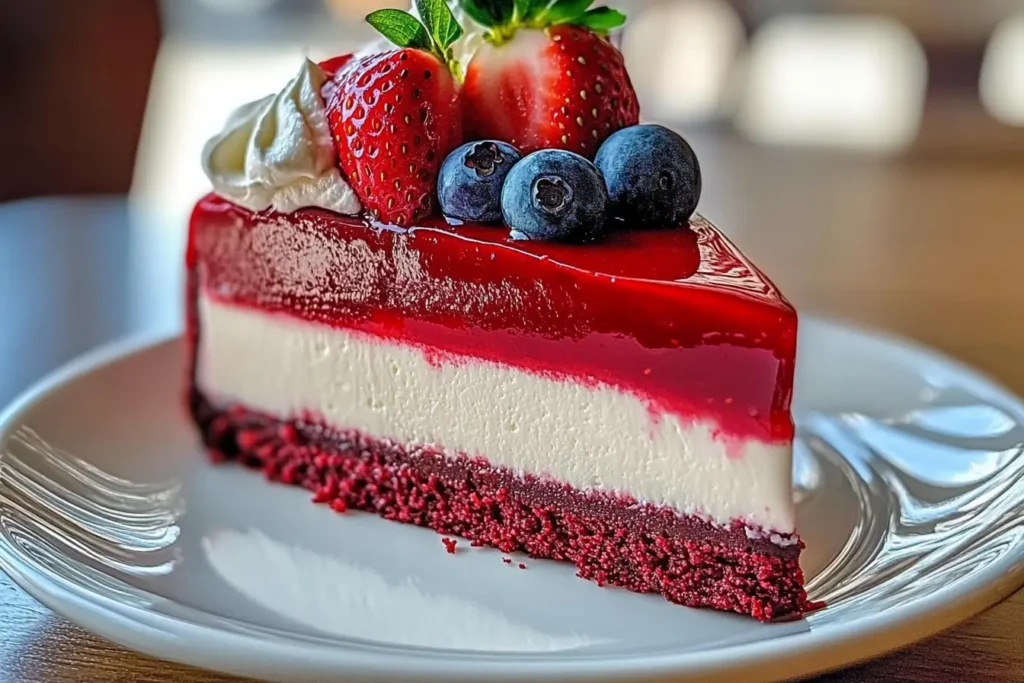 Slice of red velvet strawberry cheesecake with fresh berries