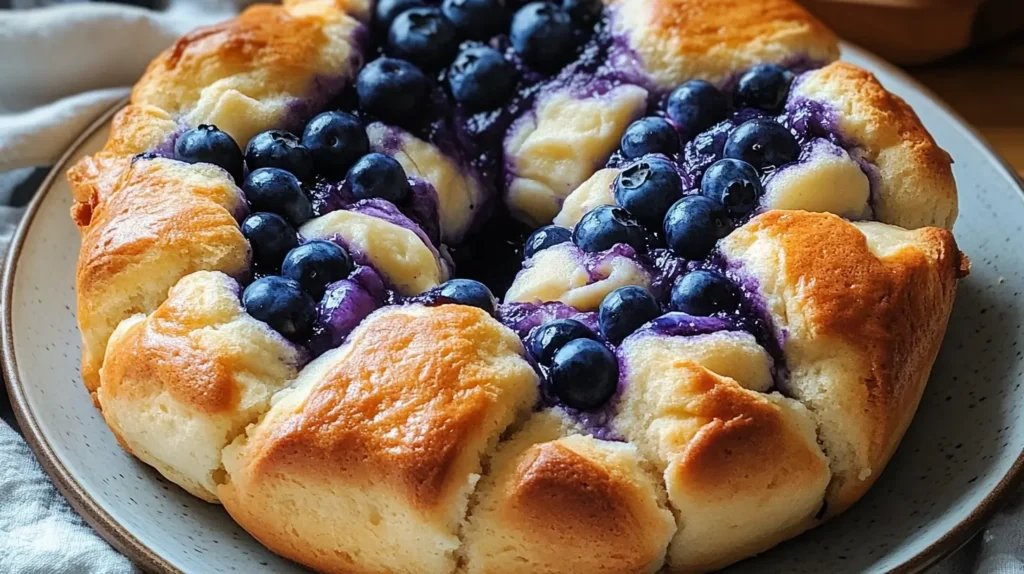 Fluffy cottage cheese blueberry cloud bread with a golden crust and fresh blueberries on top.