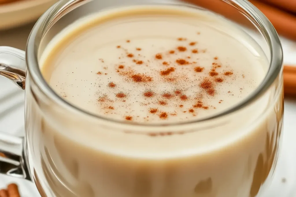 Warm cinnamon sore throat tea in a glass mug with cinnamon sprinkled on top.