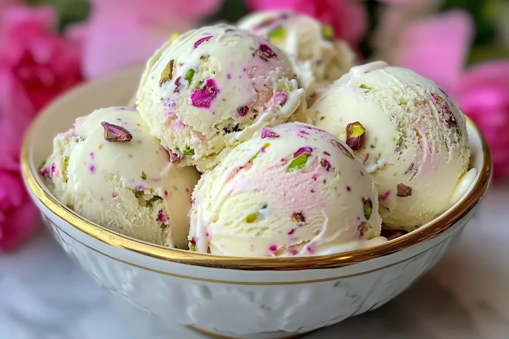 Bowl of rose pistachio cheesecake ice cream with crushed pistachios and rose petals