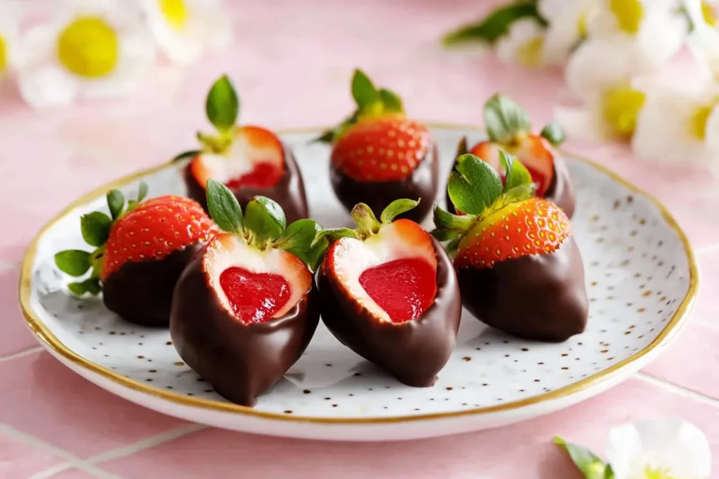 Chocolate-covered strawberries Jello Shots filled with red jello, arranged on a decorative plate.