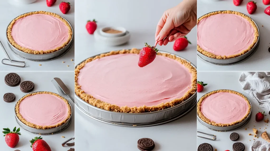Delicious Strawberry Crunch Cheesecake Recipe 7 A step-by-step collage of making a strawberry crunch cheesecake, showing the crust being pressed, the creamy pink filling spread evenly, and the crunchy topping being added.