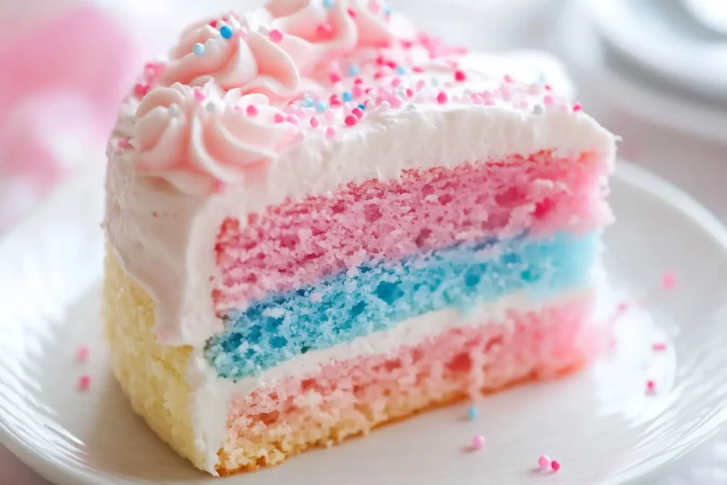 A pastel-colored cotton candy cake with fluffy frosting and cotton candy topping.