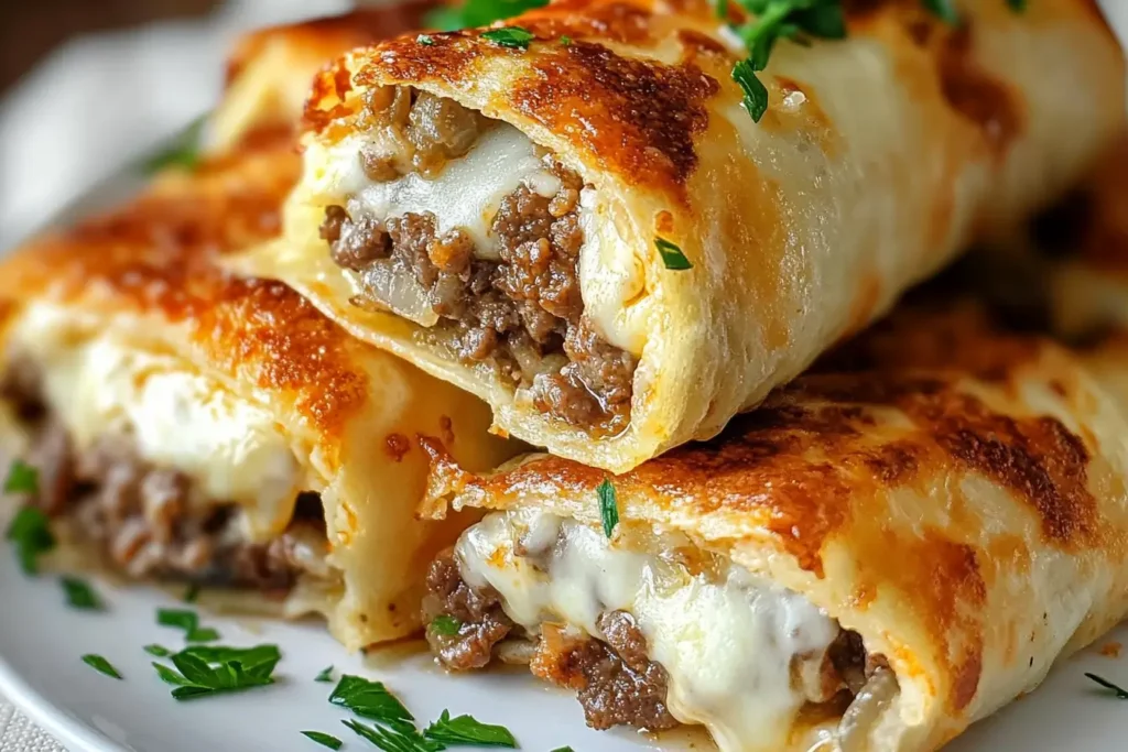 Keto Philly cheesesteak roll ups with melted provolone