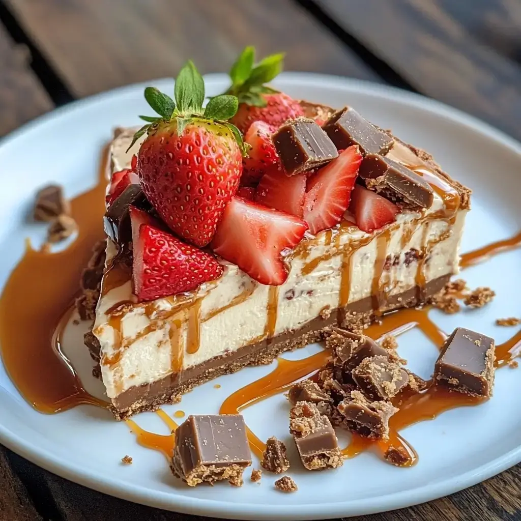 Snickers Strawberry Cheesecake slice with caramel drizzle
